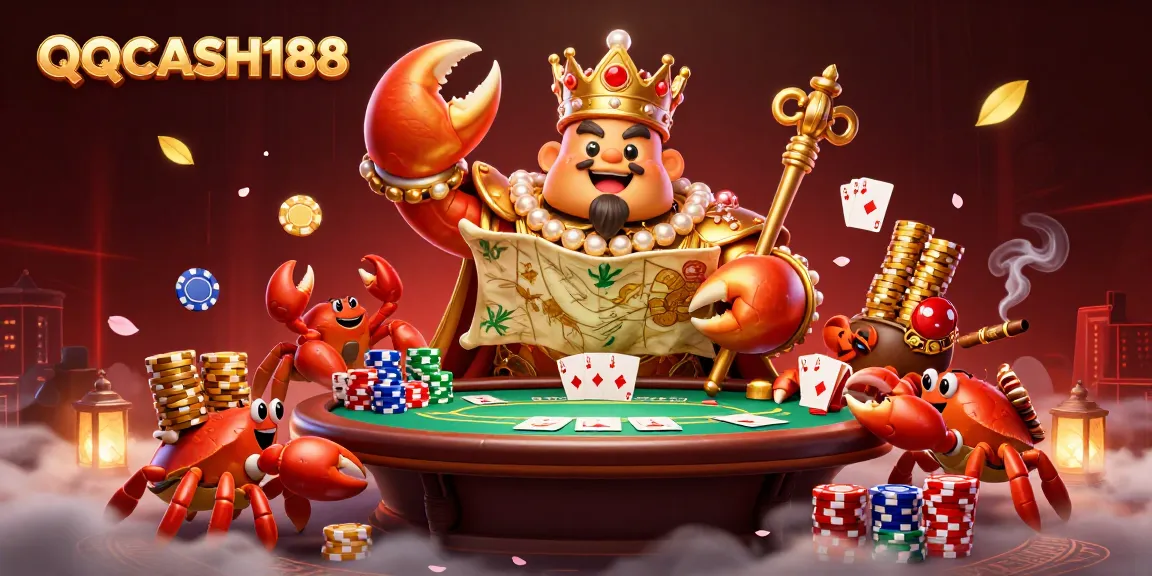 Engage with QQCASH188 as a golden crab emperor presides over a vibrant poker scene.
