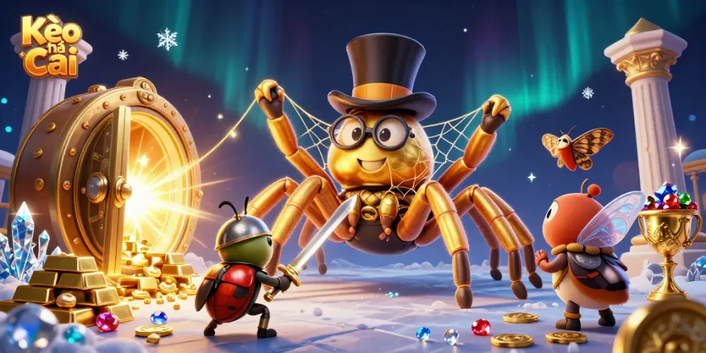 Place bets with the golden tarantula and beetle knight in this vibrant Kèo nhà cái casino illustration.