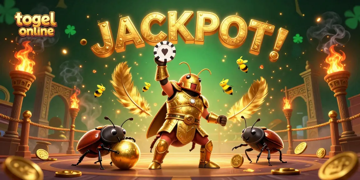 Experience the thrill of togel online with a victorious beetle lifting a poker chip, surrounded by casino magic.