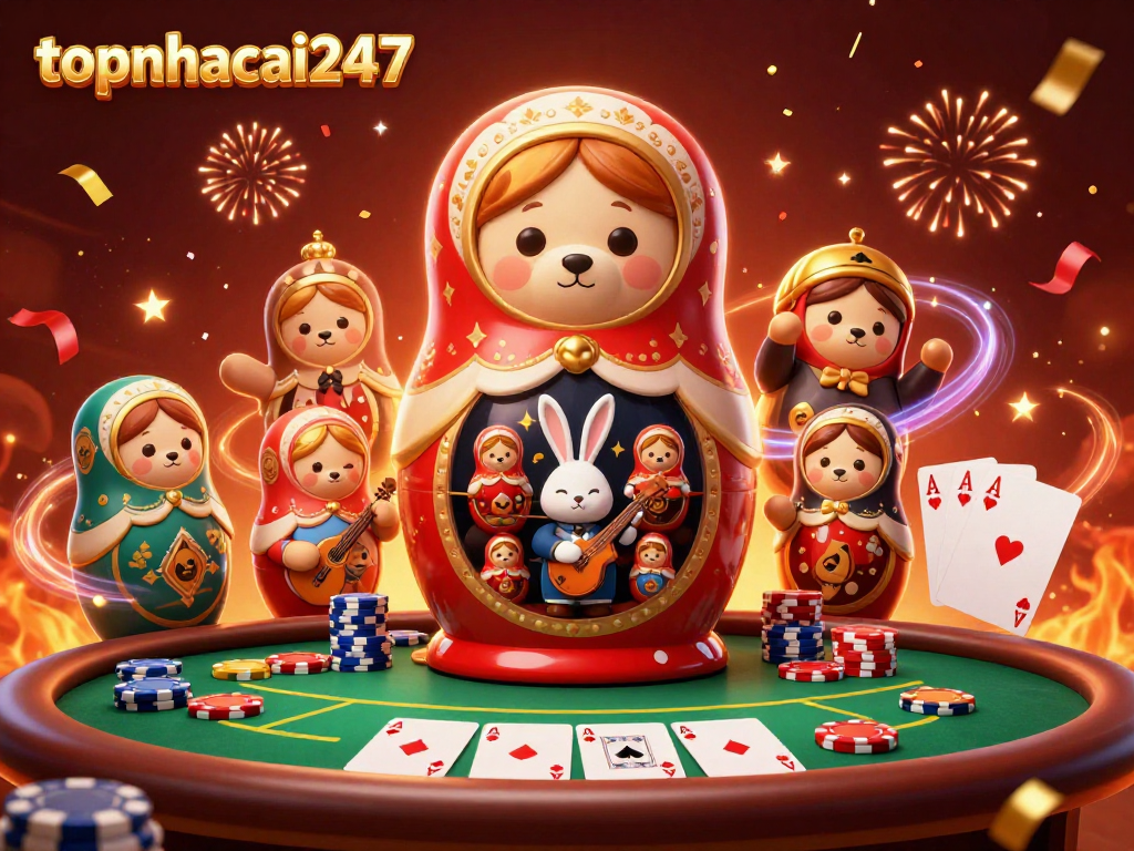 Experience the thrill of online gaming with topnhacai247's vibrant casino scene featuring unique characters and poker elements.