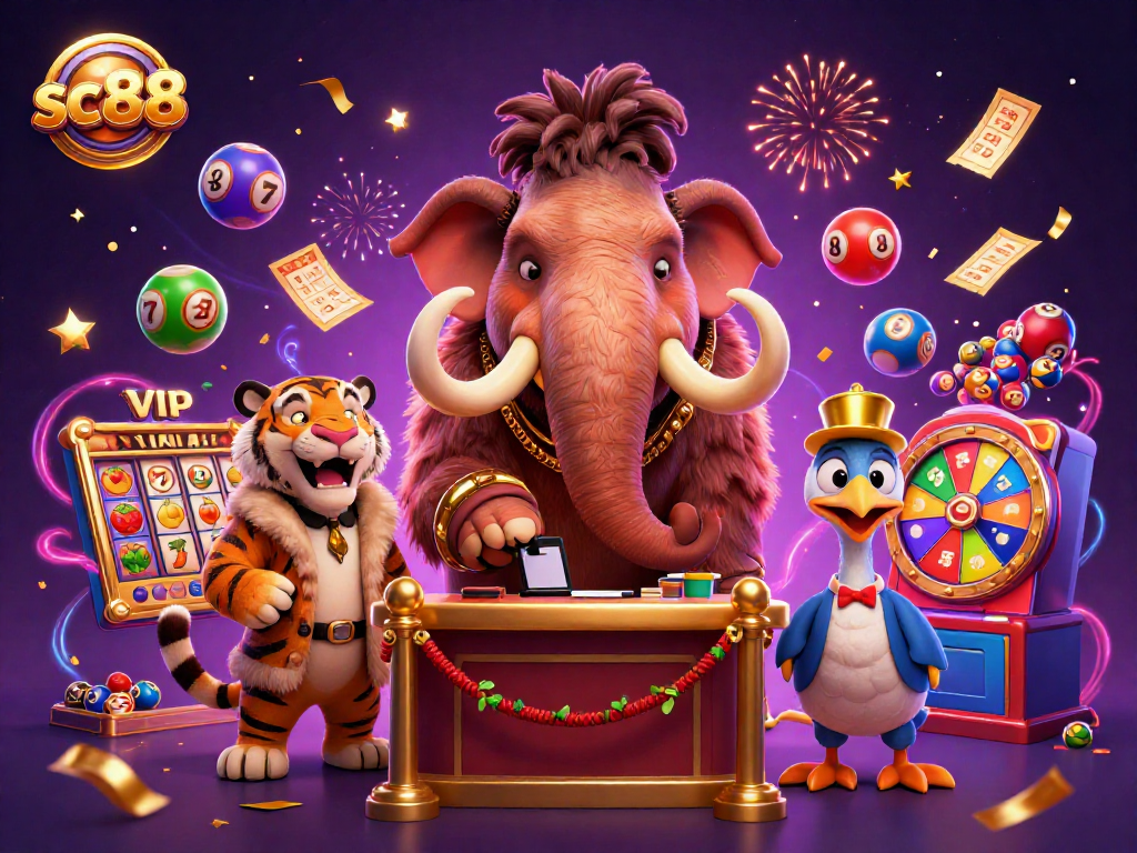Experience the lively atmosphere of sc88 with a vibrant scene showcasing a woolly mammoth bouncer and colorful slot game elements.