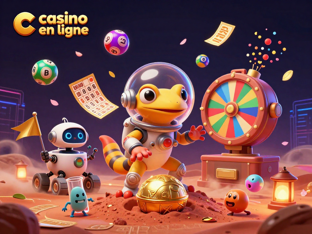 Jouez sur casino en ligne tout en découvrant une illustration colorée d'un gécko martien et un rover robot.