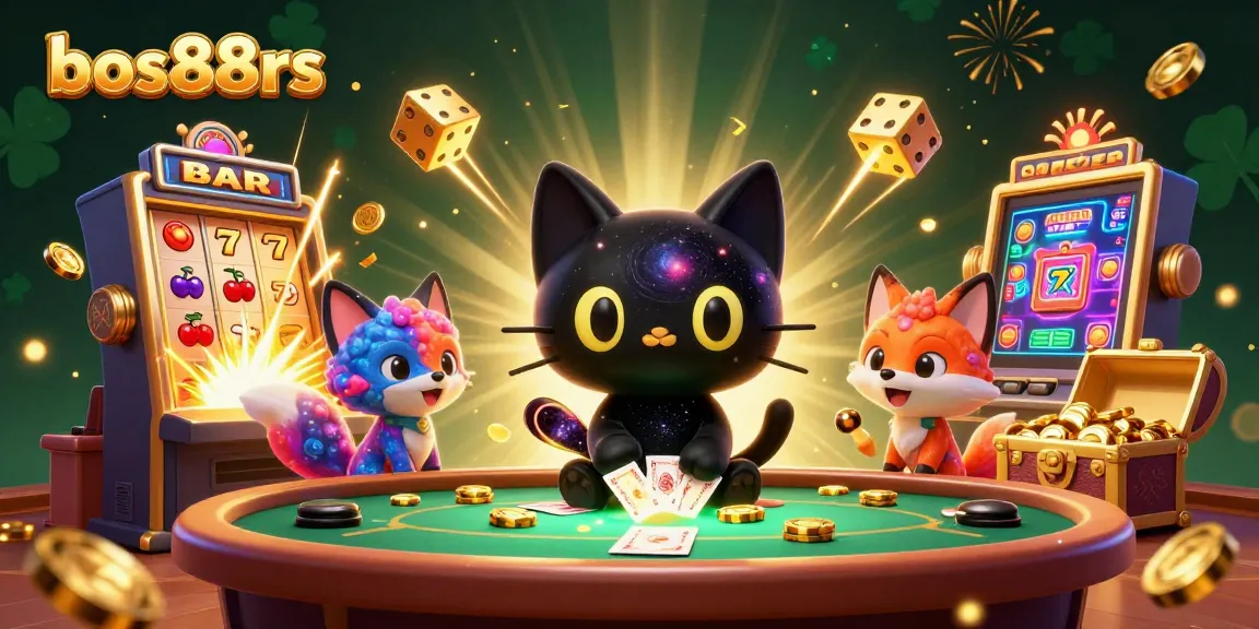 Join the excitement at bos88rs with a cosmic black hole cat and neon elements at a vibrant casino table.