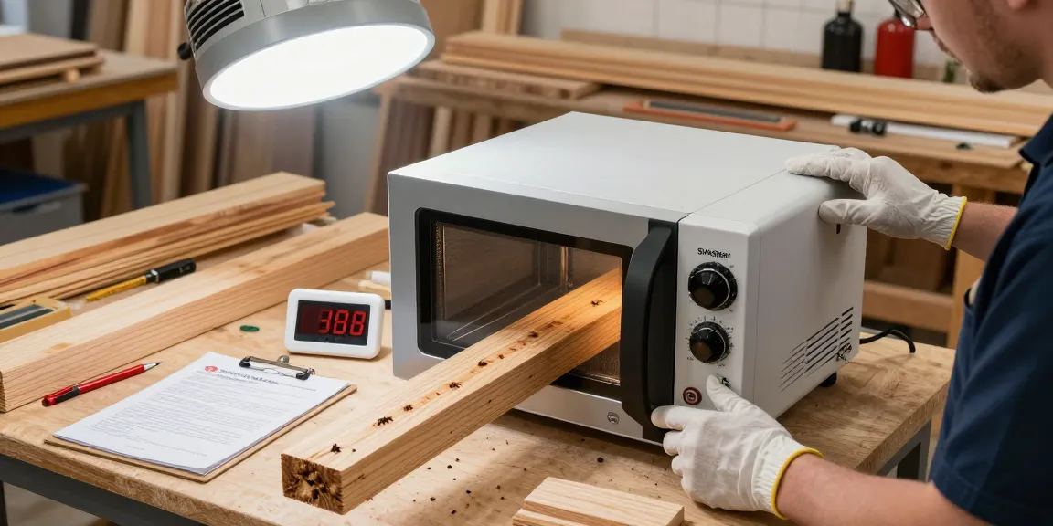 SHASHEL® technician using microwave technology for rapid woodworm elimination in a home workshop.