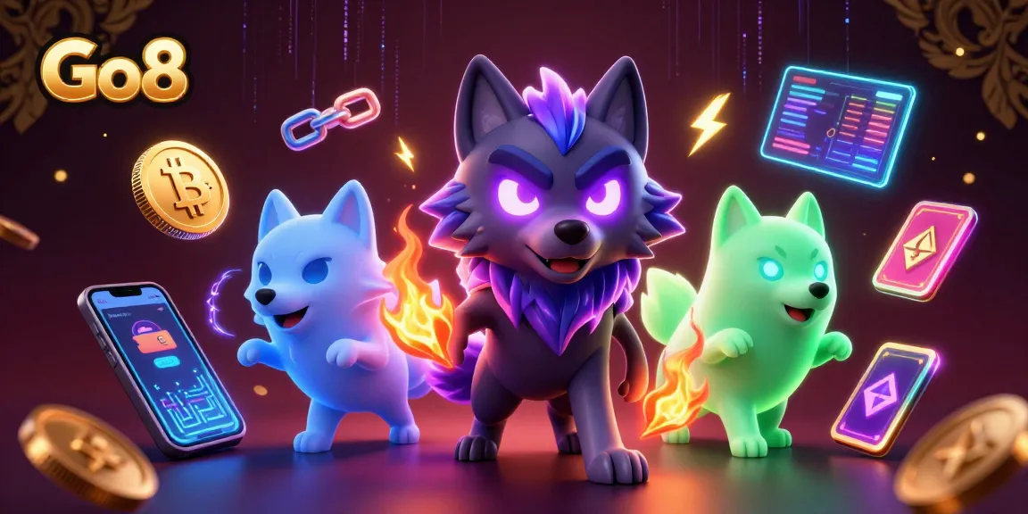 Experience thrilling gaming with Go8 in a vibrant 3D casino scene featuring crypto elements.