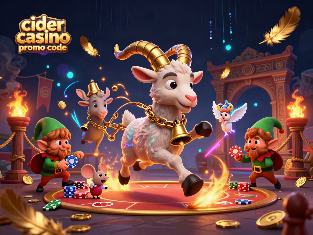 Win big with the latest cider casino promo code, featuring festive characters in a vibrant casino scene.