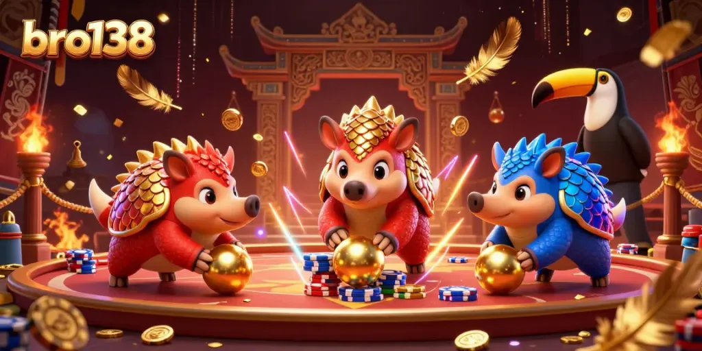 Experience thrilling gaming action with bro138 pangolins bowling through poker chips in a dynamic casino scene.