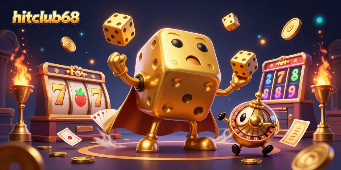 Experience the excitement of hitclub68 with golden dice and dynamic slot game elements in a vibrant casino theme.