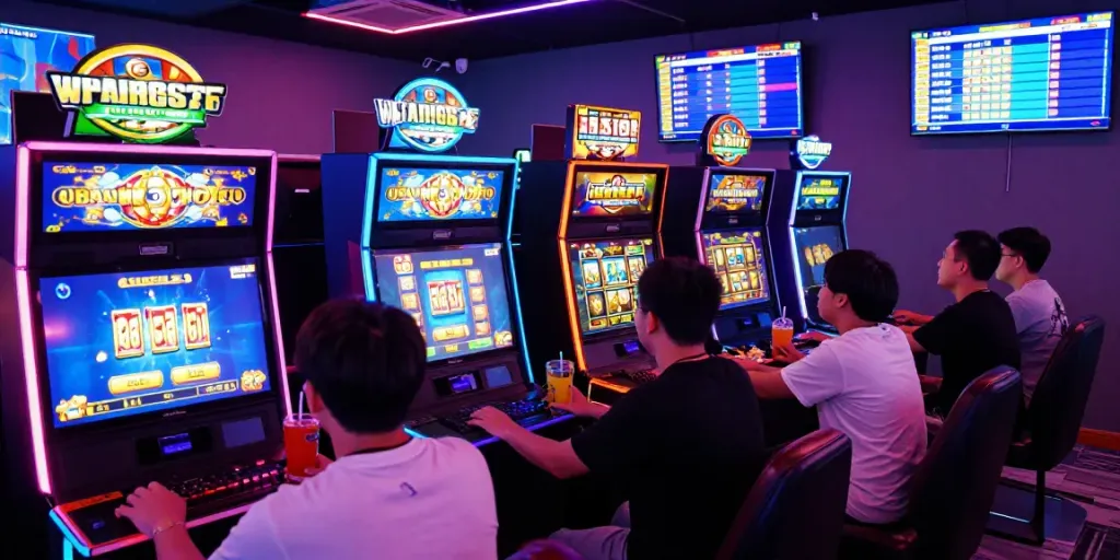 Exciting gaming lounge with players engaged in situs slot gacor games, colorful machines, and vibrant atmosphere.