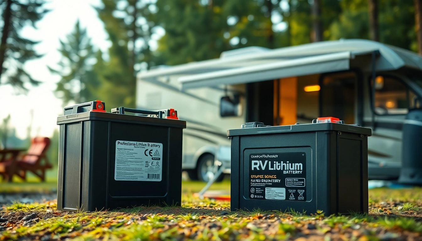 Showcase of lithium RV batteries emphasizing durability and modern design in a camping environment.