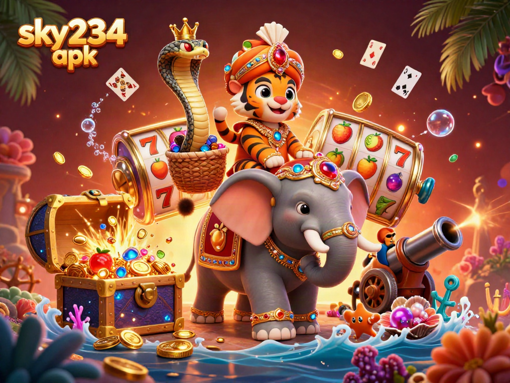 Engage with sky234 apk through an enchanting casino experience featuring a regal maharaja and treasures.