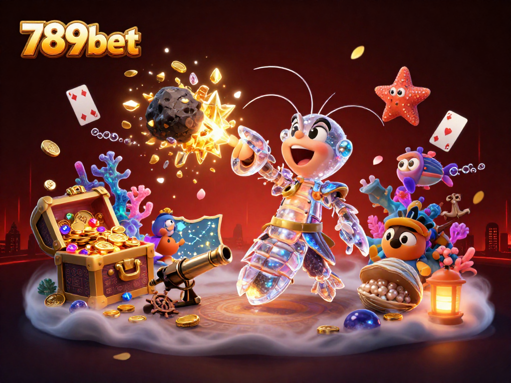 Experience the excitement of 789bet with this vibrant illustration showcasing a galactic samurai mantis shrimp and treasure elements.