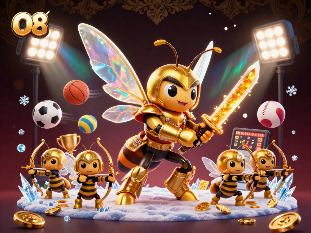 Engage in thrilling O8 gaming action with a dynamic scene of a golden hornet warrior and bee archers.