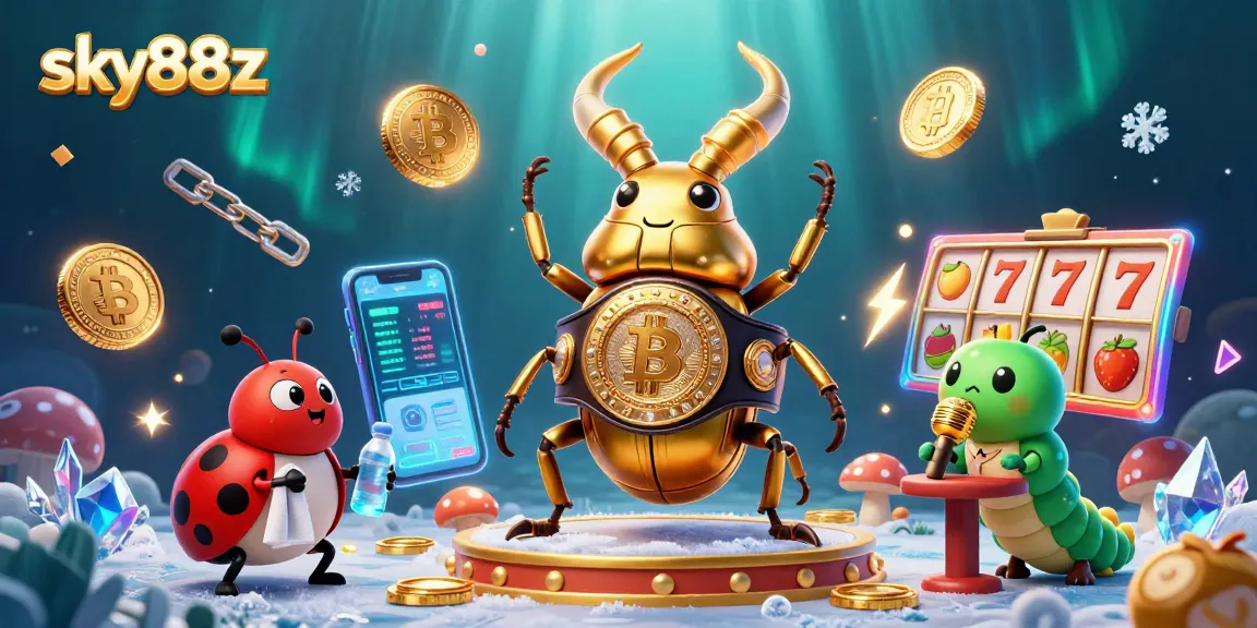 Experience the thrill of sky88z with a vibrant 3D casino battle featuring cartoon characters and crypto elements.
