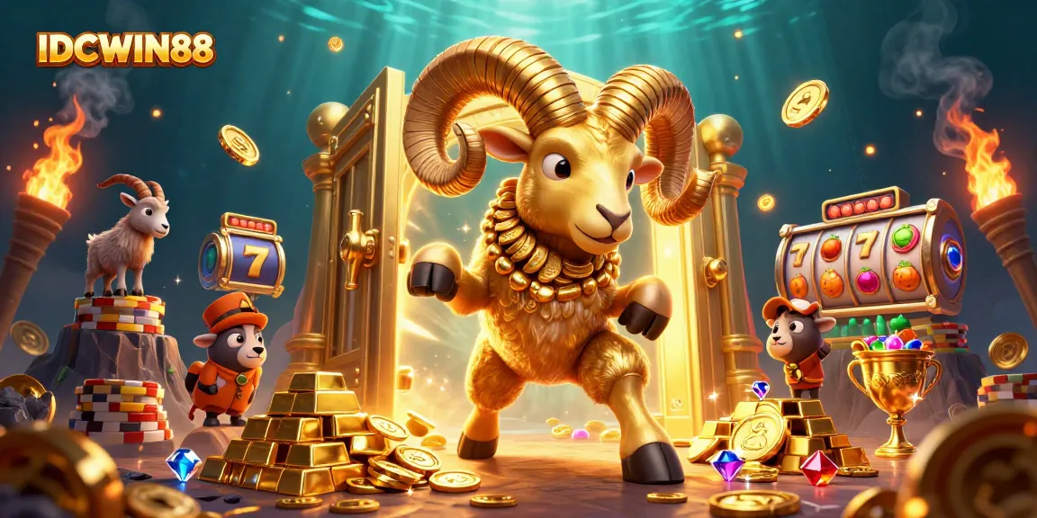 Experience thrilling gameplay on IDCWIN88 with dynamic scenes featuring slot reels and gold treasures.