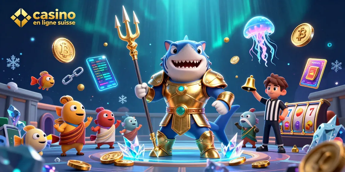Illustration dynamique d'un casino en ligne suisse avec un requin tueur en armure, des poissons en toges et jetons de crypto-monnaie.