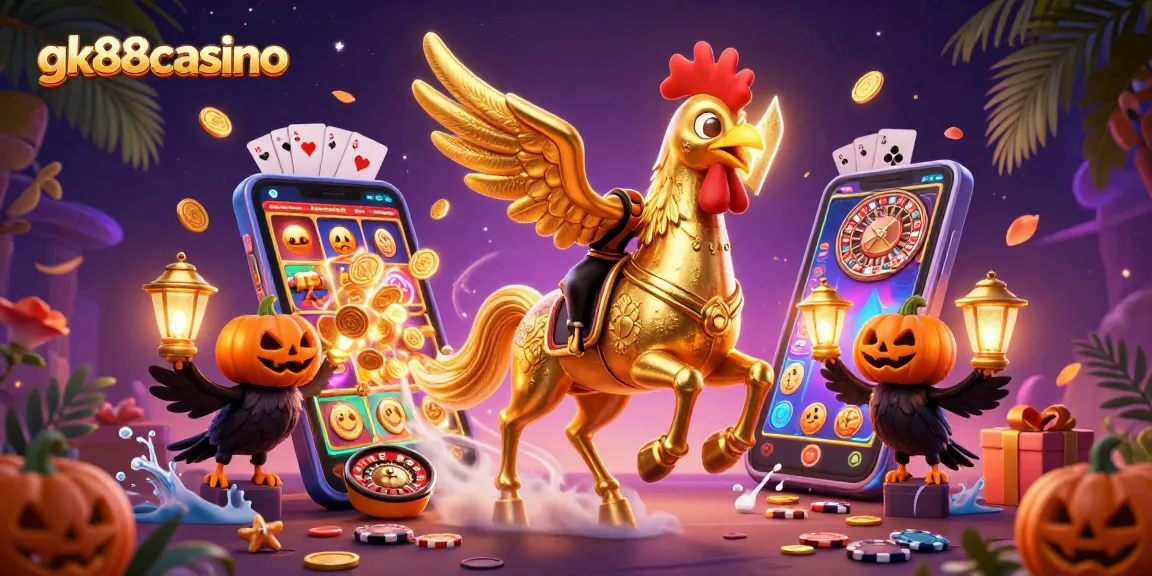 Experience thrilling action at gk88casino with a golden rooster and spectral horse in a vibrant casino setting.