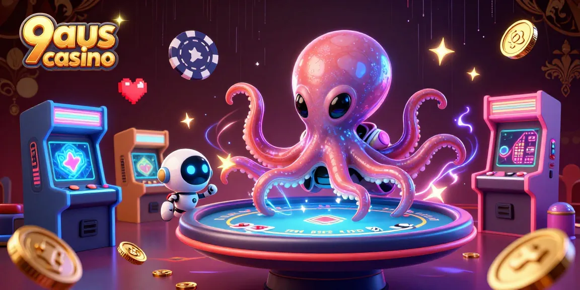 Engage with lively gameplay at 9aus casino, featuring a cartoon alien octopus at a holographic poker table.