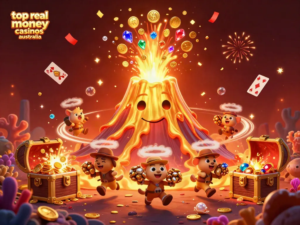 Experience the thrill of top real money casinos Australia with a vibrant 3D illustration of a golden volcano erupting coins and gems.
