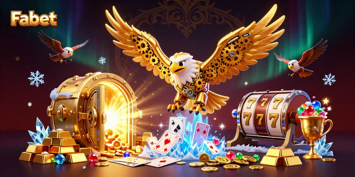 Fabet showcases an enchanting scene of winning at casino slots, with a golden eagle soaring through holographic cards.