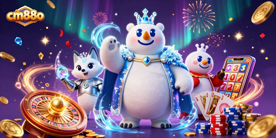 cm88o captures a thrilling casino scene with a polar bear and fox amid golden coins and roulette action.