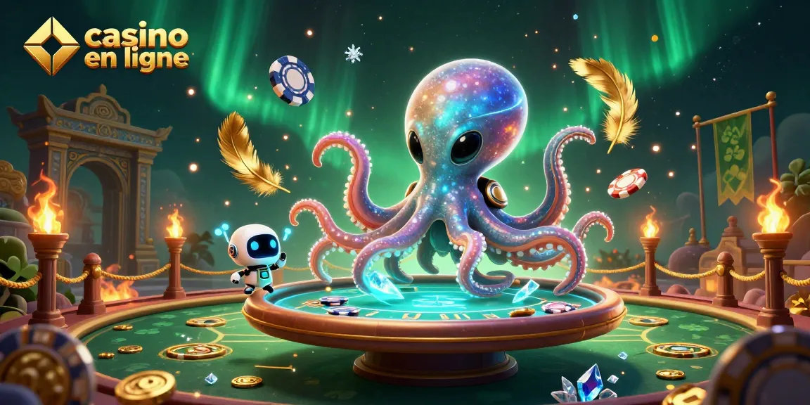 Découvrez l'excitation du casino en ligne avec une illustration d'un polype alien jouant au poker.