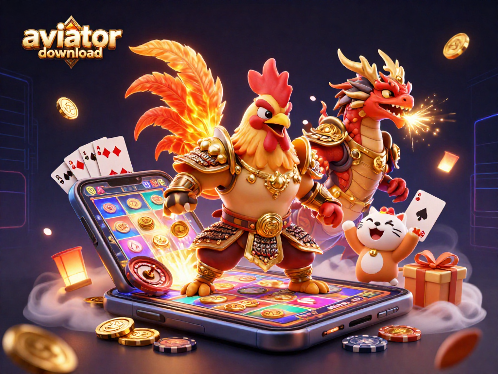 Aviator download showcases a vibrant 3D scene with a rooster warrior and dragon hatchling amidst casino elements.