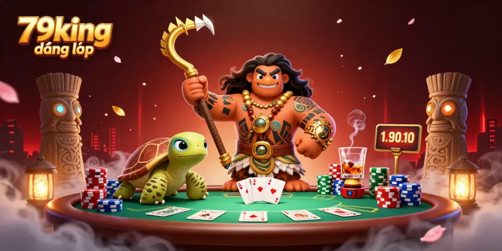 Play with 79king đăng nhập for a chance to win at the dynamic poker table, featuring vibrant 3D characters and casino elements.