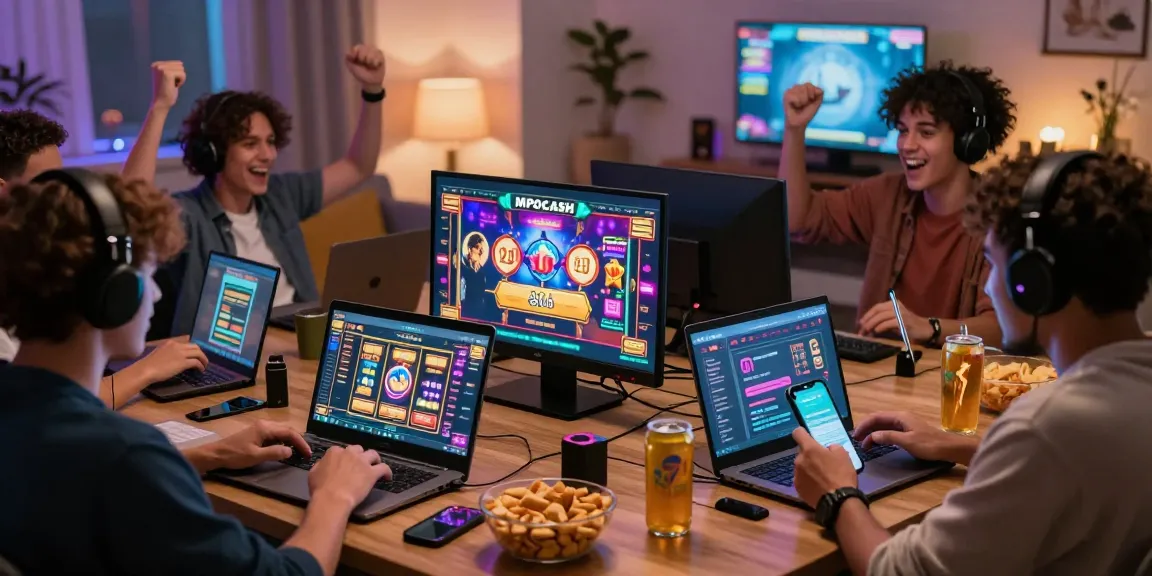 The MPOCASH platform brings excitement to online gaming as players enjoy jackpot wins in a vibrant living room setting, showcasing a dynamic atmosphere.