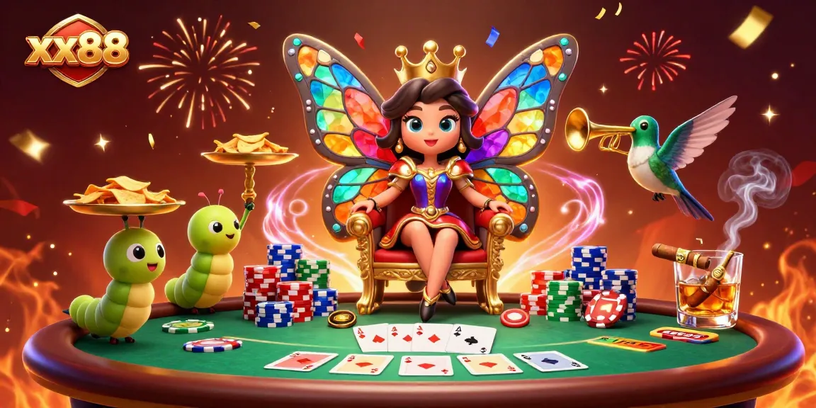 Experience xx88 Casino with vibrant elements and a butterfly queen in a lively 3D scene.