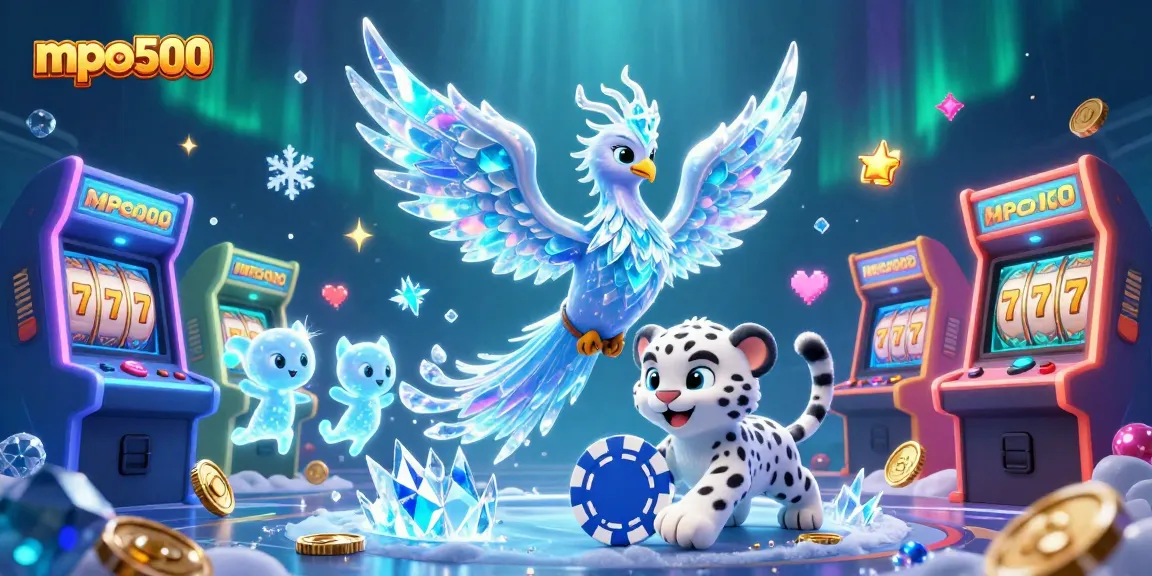 Experience thrilling gaming at mpo500 with a vibrant scene showcasing an ice phoenix, snow leopard, and colorful casino elements.