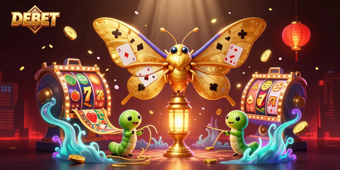 Experience the enchanting world of DEBET with a vibrant 3D casino illustration featuring a golden moth and dynamic slot reels.