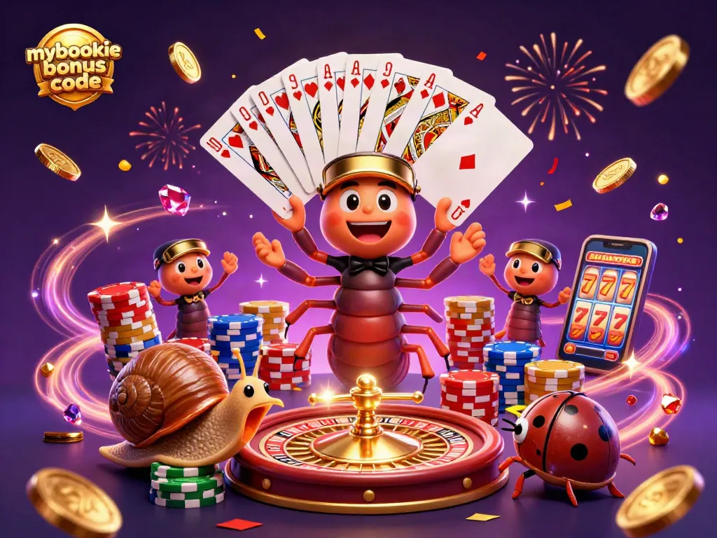 Experience the excitement of the mybookie bonus code with colorful characters and casino elements in a vibrant 3D scene.