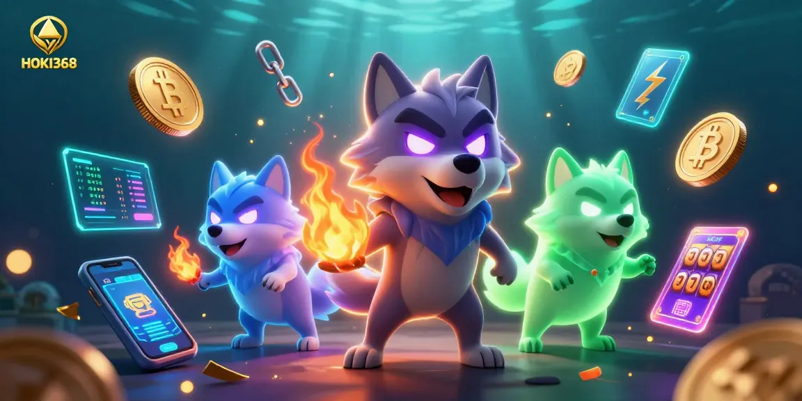 Win big with HOKI368 in a vibrant 3D casino scene featuring slot reels and ghostly wolves!