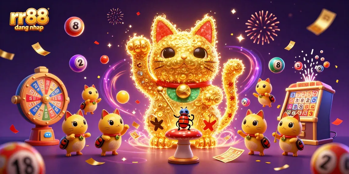 Join the fun at rr88 dang nhap with an engaging casino scene featuring a giant lucky cat and dynamic game elements.