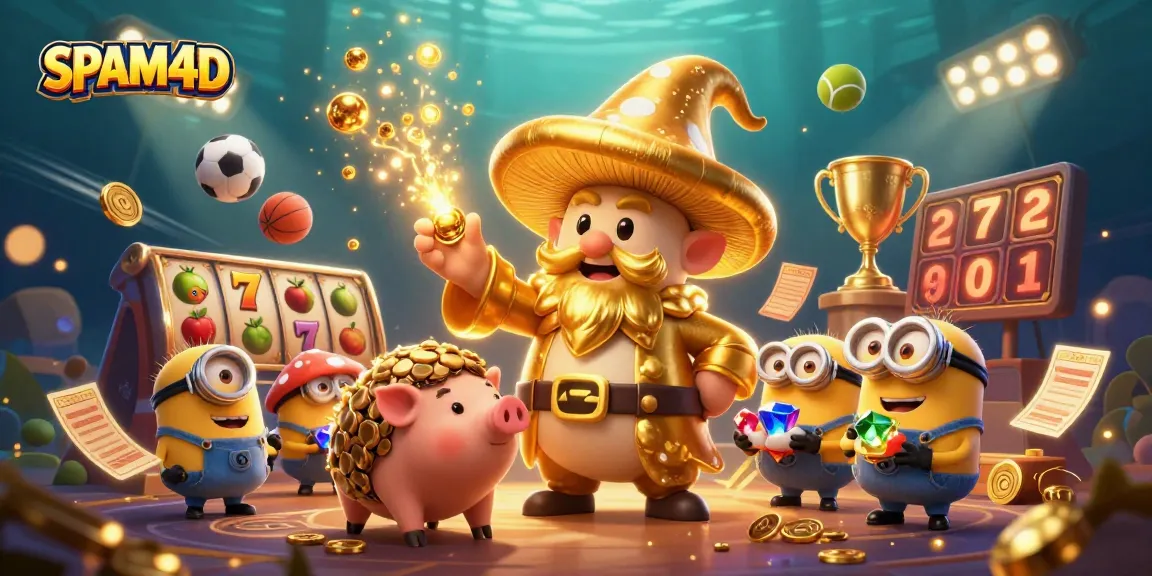 SPAM4D menampilkan ilustrasi kasino dengan wizard jamur emas dan simbol permainan slot