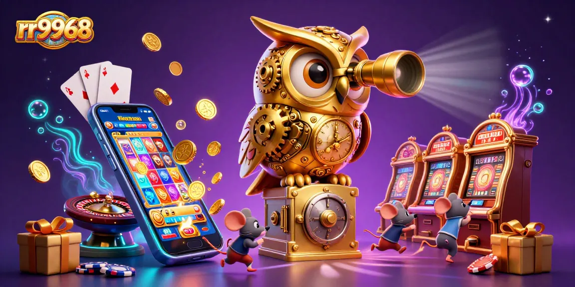 Spin the reels with rr9968 in a vibrant casino scene featuring a clockwork owl and lively game elements.