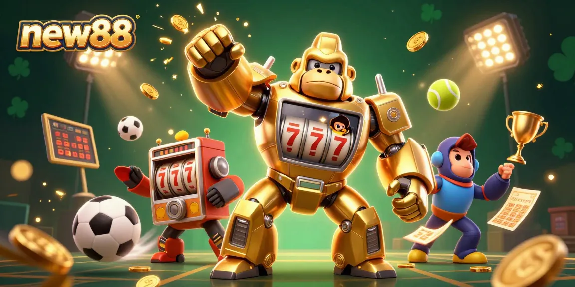 Engage with new88's thrilling gaming scene featuring a golden gorilla mech surrounded by sports elements.