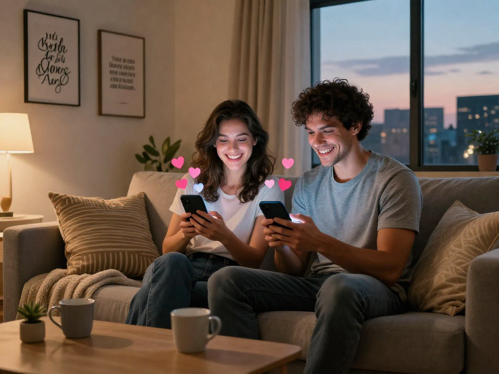 Engaging ai sexting scene with couple playfully texting in a cozy home setting