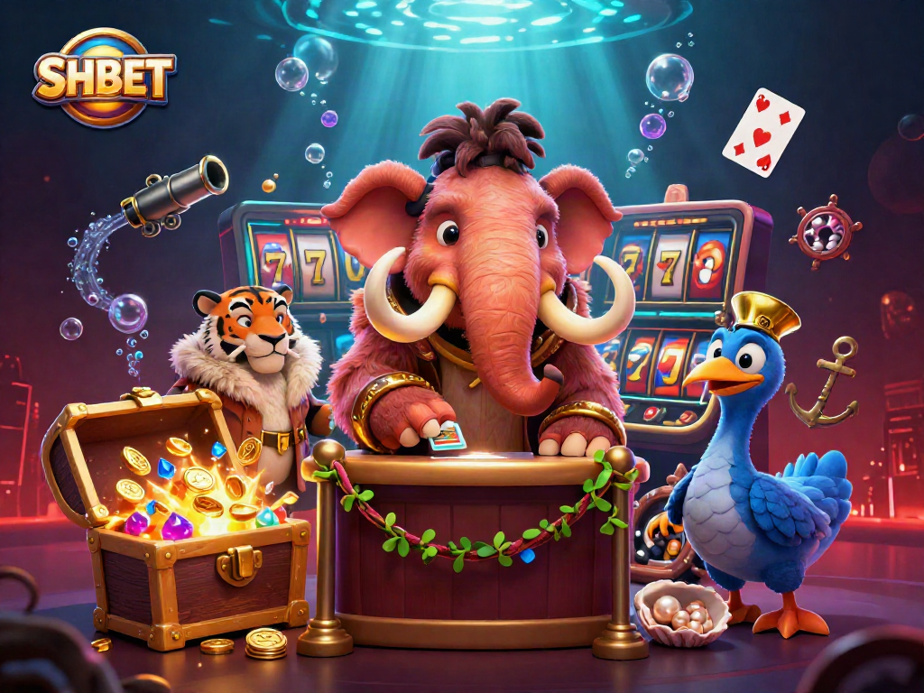Experience premium gaming with SHBET featuring a vibrant 3D illustration of casino characters.