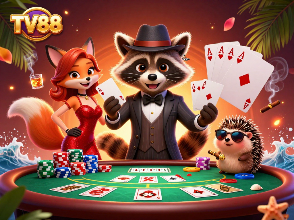 Engage with TV88's thrilling poker scene showcasing a suave raccoon, a charming fox, and a vigilant hedgehog ready to deal!