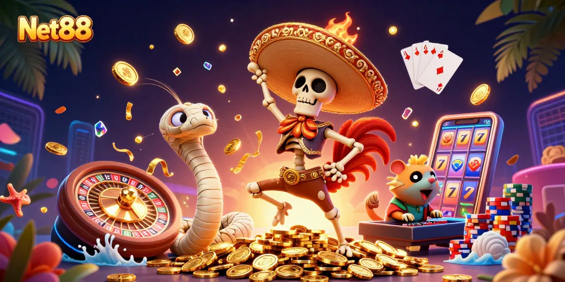 Experience the thrill of Net88 with vibrant casino elements in a festive 3D scene.