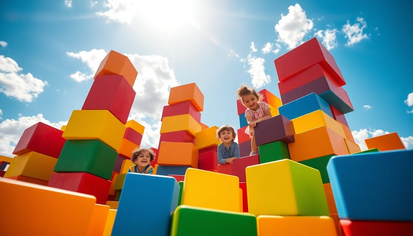Capture additional information about children building together with giant blocks in a colorful playground.