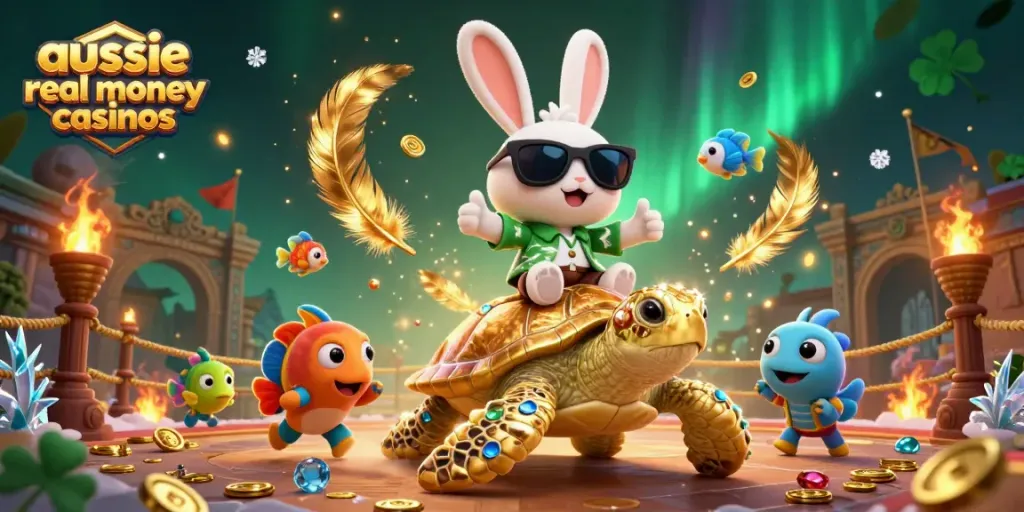 A colorful illustration showcasing the lucky rabbit and golden sea turtle at aussie real money casinos.