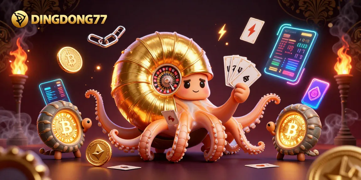 DINGDONG77 captures the excitement of gaming with a nautilus roulette wheel surrounded by crypto elements.