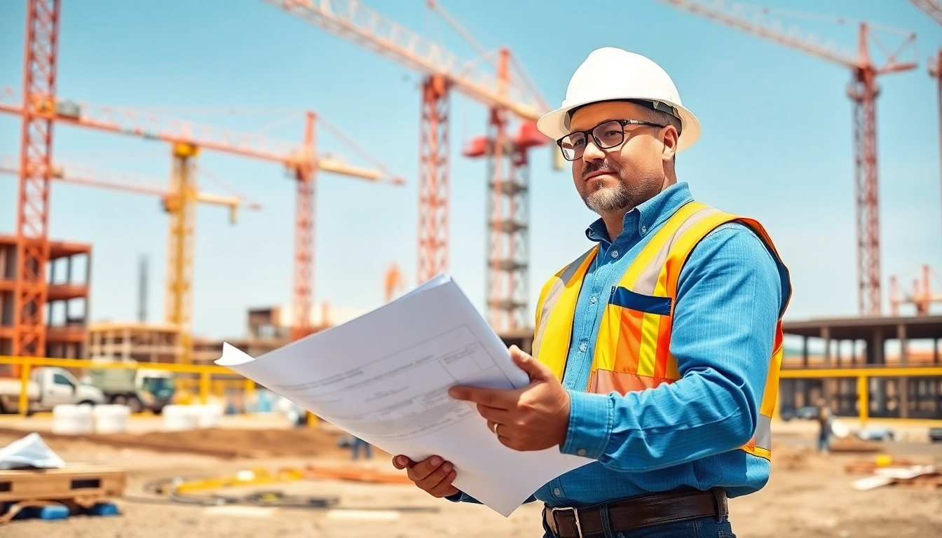 New Jersey General Contractor overseeing a construction project with blueprints in a busy environment.