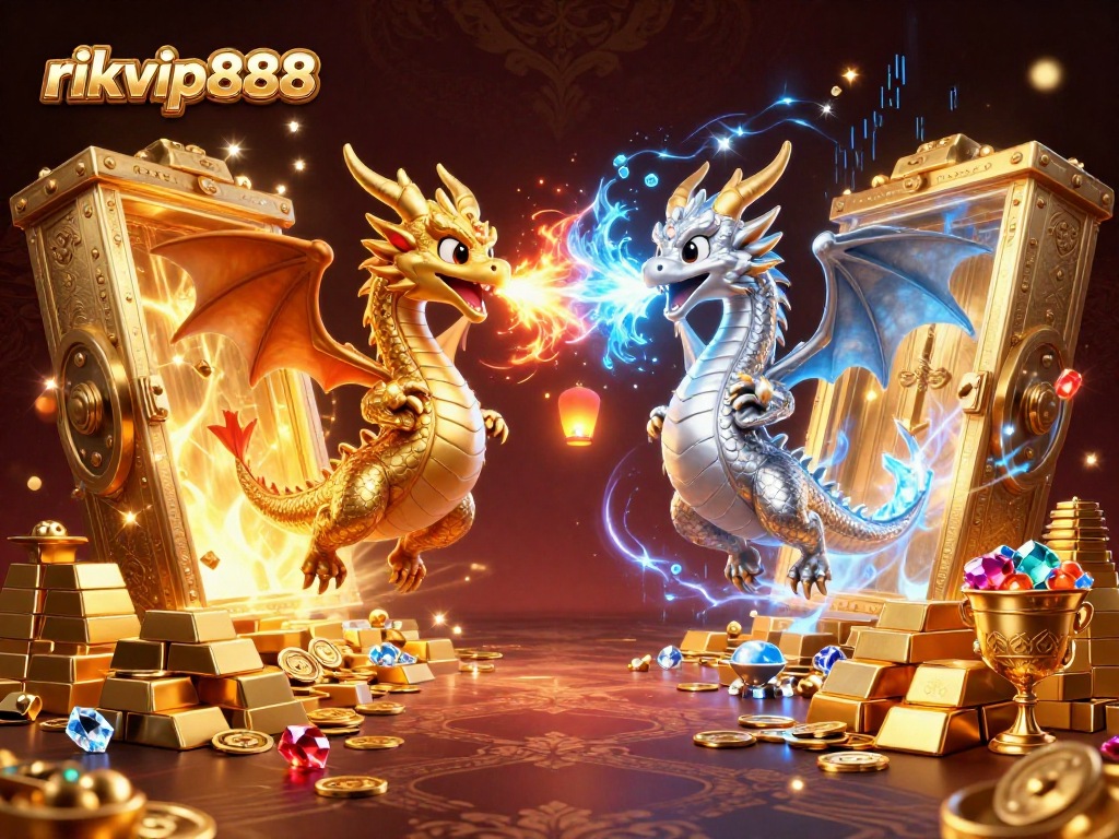 Experience the thrill of rikvip888 with a vibrant 3D scene of dragons, treasures, and gambling elements.