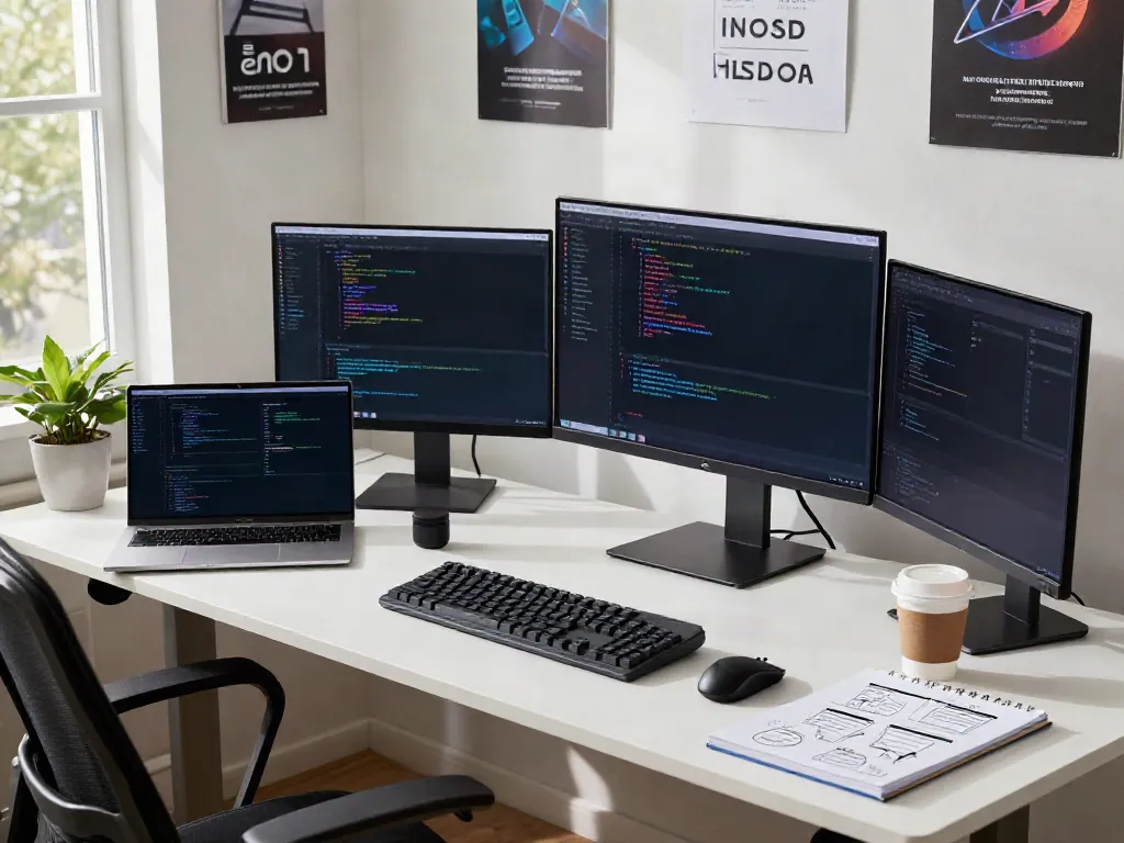 Developer working on web projects in a bright, modern office.