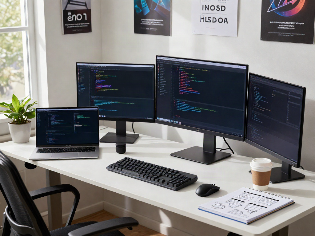 Developer working on web projects in a bright, modern office.
