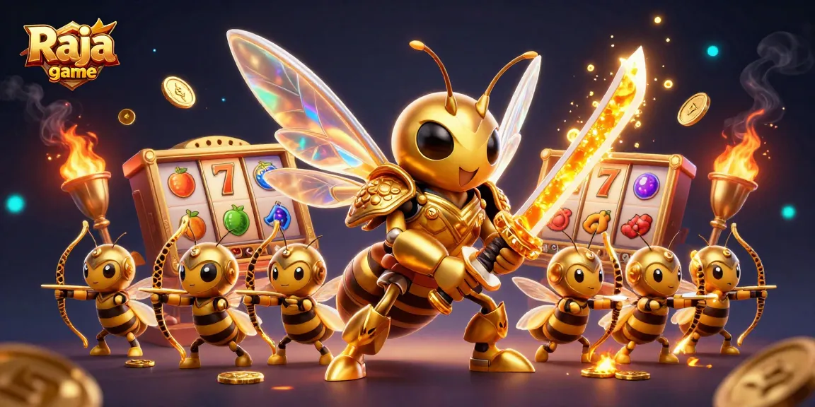 Play exciting slot games with Raja game featuring dynamic 3D visuals and golden elements.
